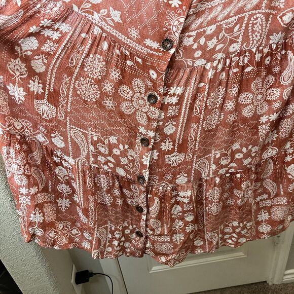 Ces Femme Red Rust White Floral Paisley Boho Strappy Tiered Dress Womens Size S - Picture 4 of 11